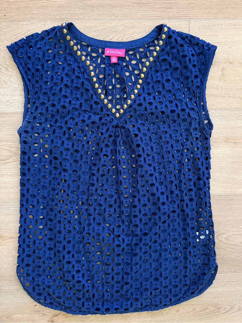 Lilly Pulitzer for Target Blue Eyelet Gold Stud Swim Cover Up Tunic M Cotton